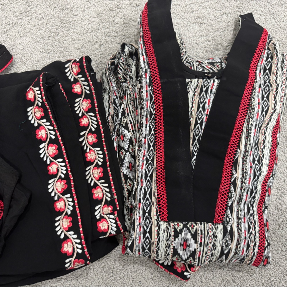 Black cotton Embroidered V-Neck Tunic with Red Floral Accents